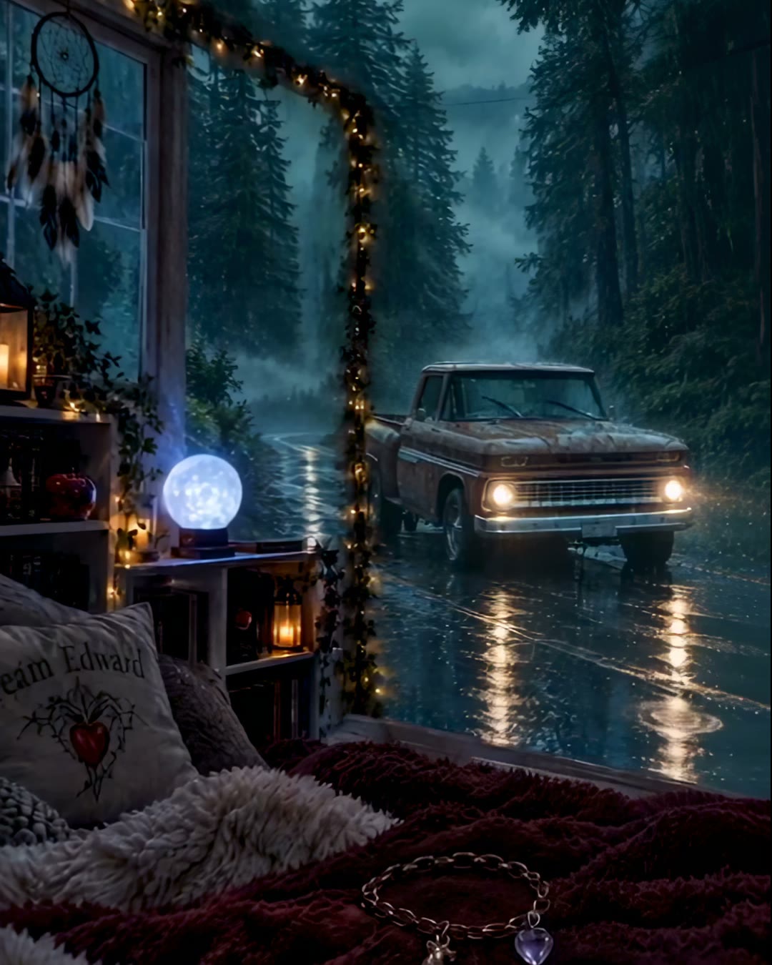 The pickup on the rainy road